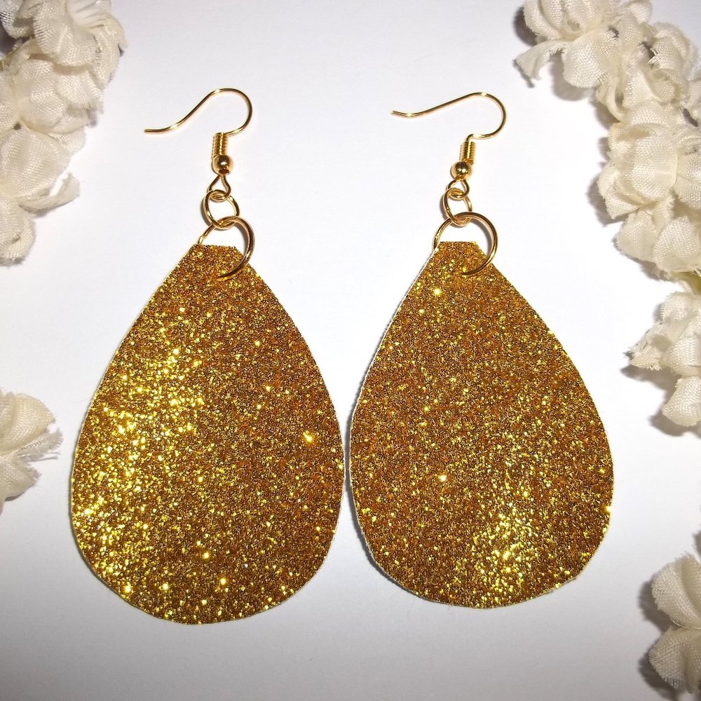 Gold Sparkle Statement Earrings Teardrop Oversized Party Chic Woman Dangle C056 - Picture 1 of 6